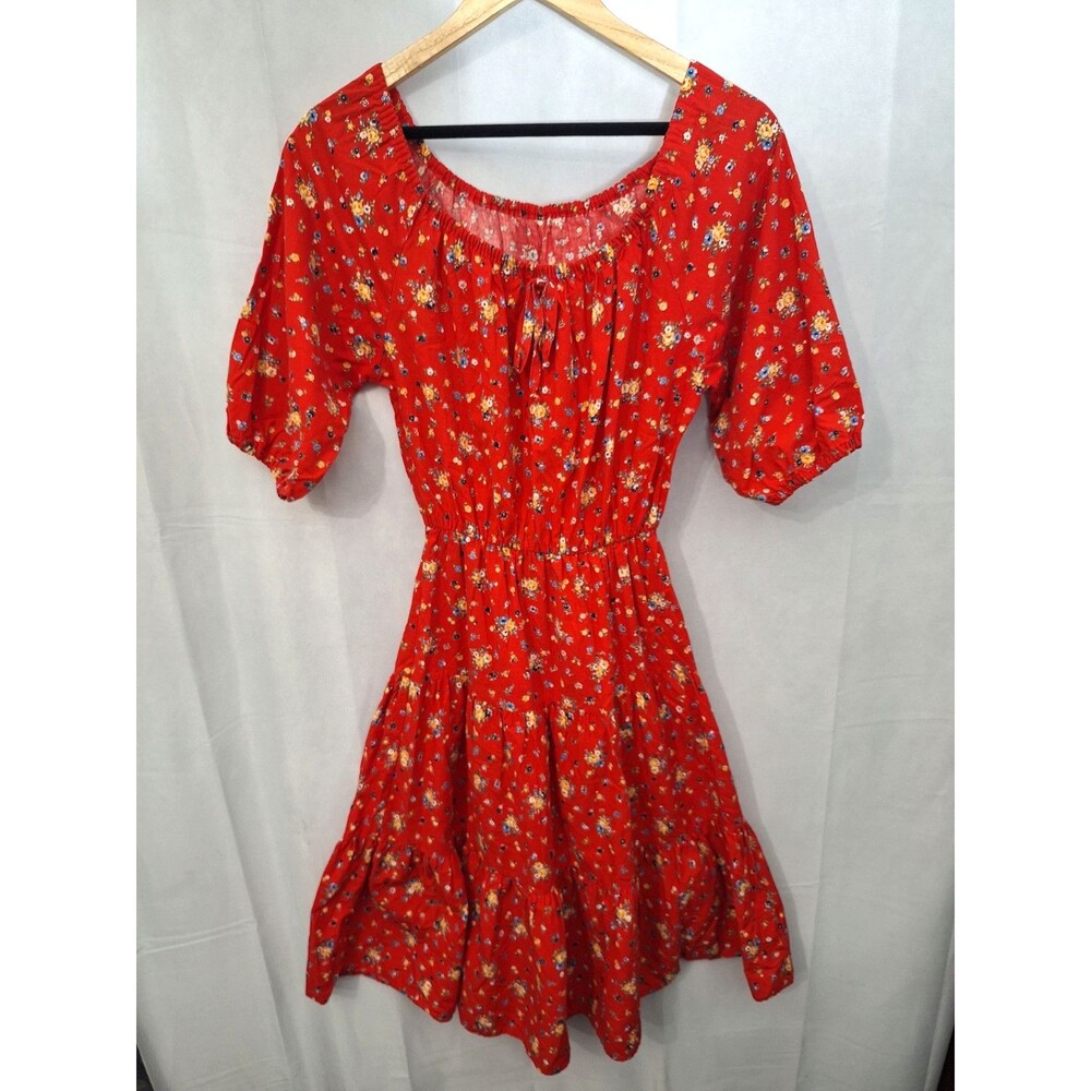 Vintage SEARS Red Floral 70's Midi Dress Sz 12 Puff Sleeve Cottage core Prairie